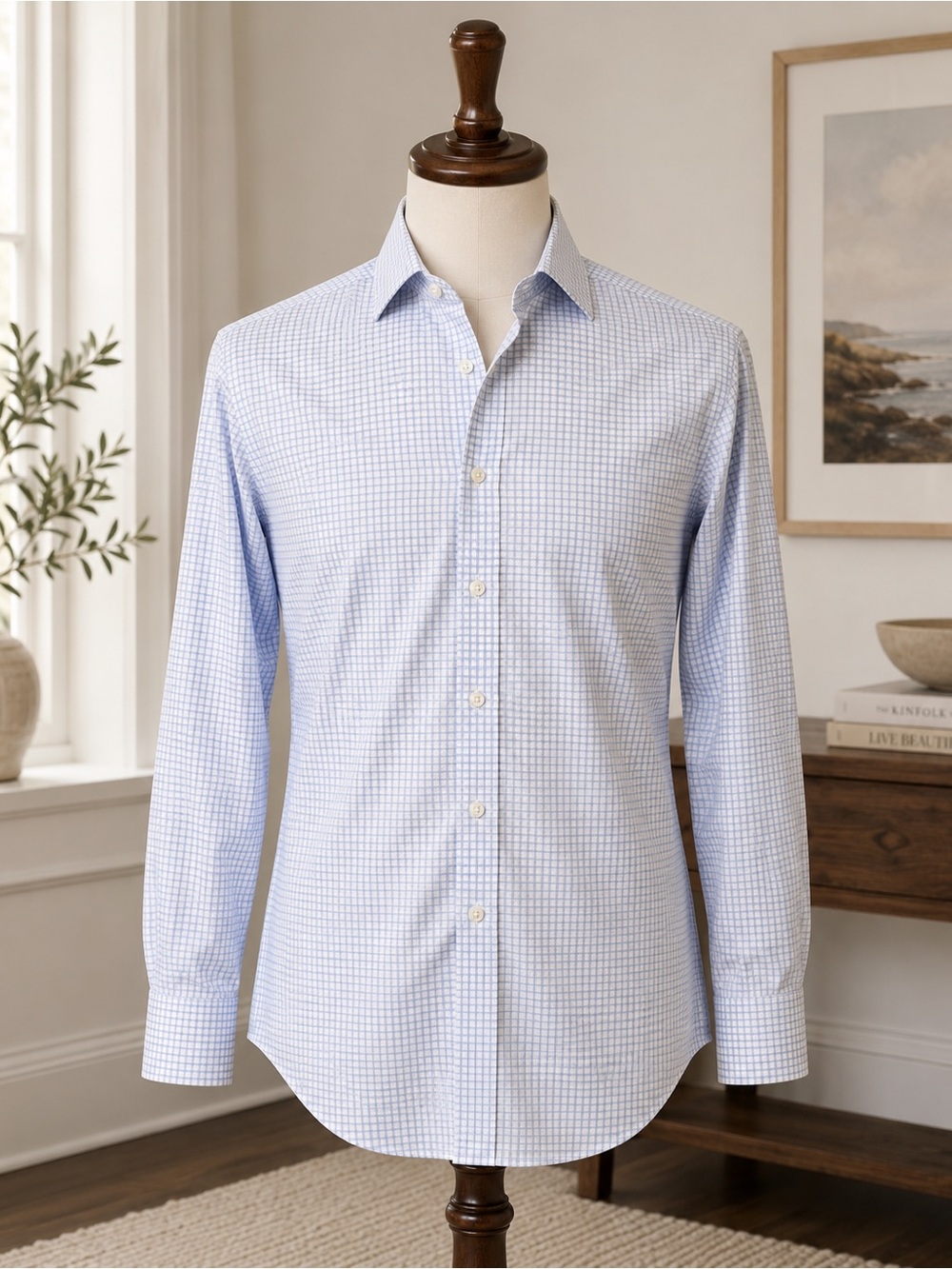 Ledbury Men’s 15 36 Regular Blue Check 100% Cotton Button Front Dress Shirt